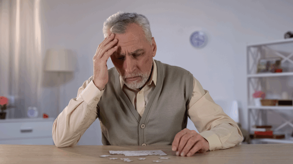 An older man experiencing cognitive decline rubs his head in frustration