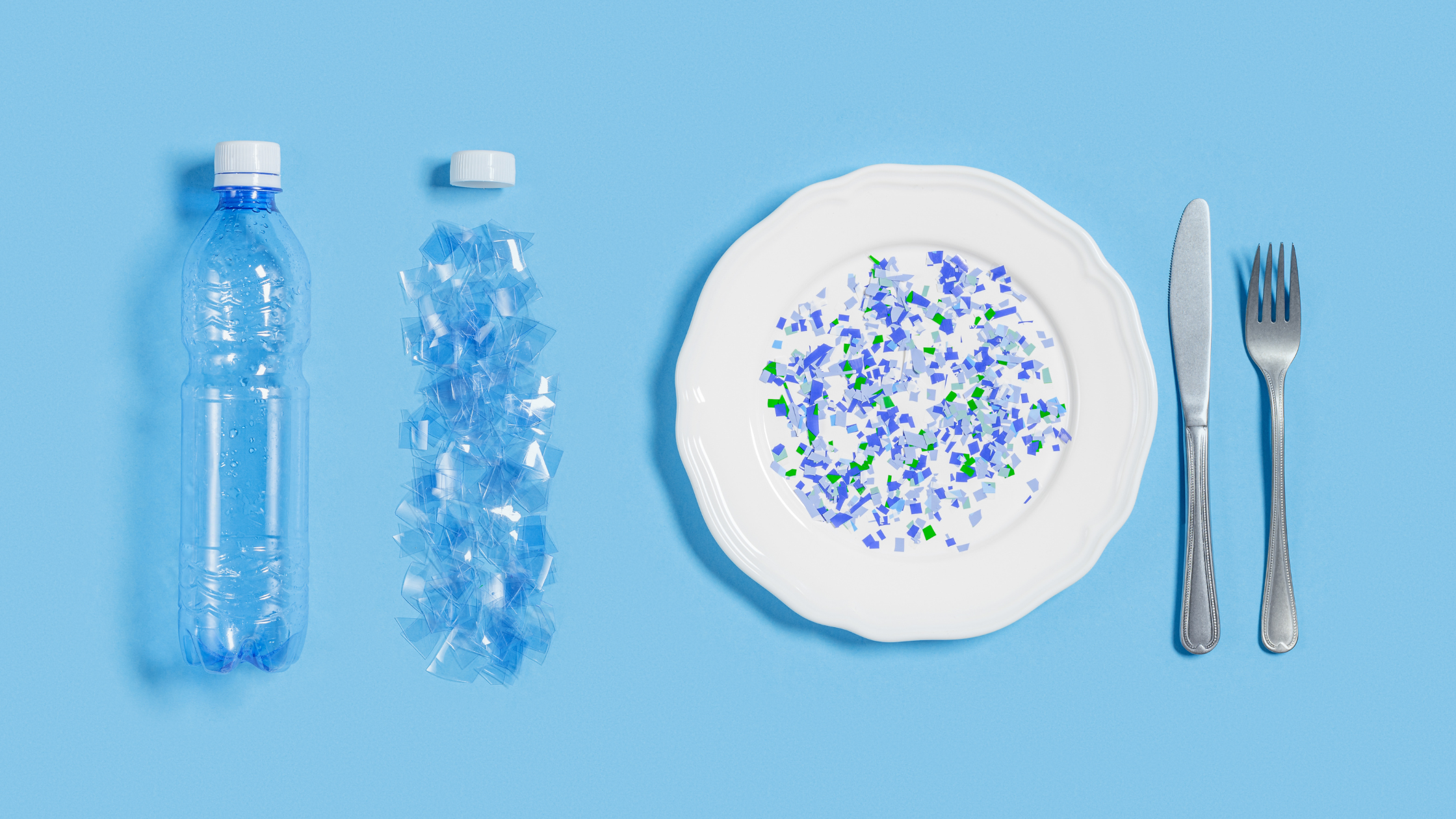 An image of microplastics scattered on a white dinner plate with a fork and knife, symbolizing the invisible toxins we consume daily—an issue many doctors and nurse practitioners are now addressing in patient care.