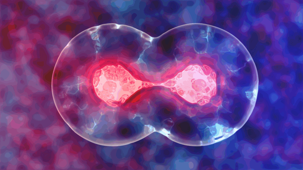In this image a cell is in the midst of division, representing cellular aging. 