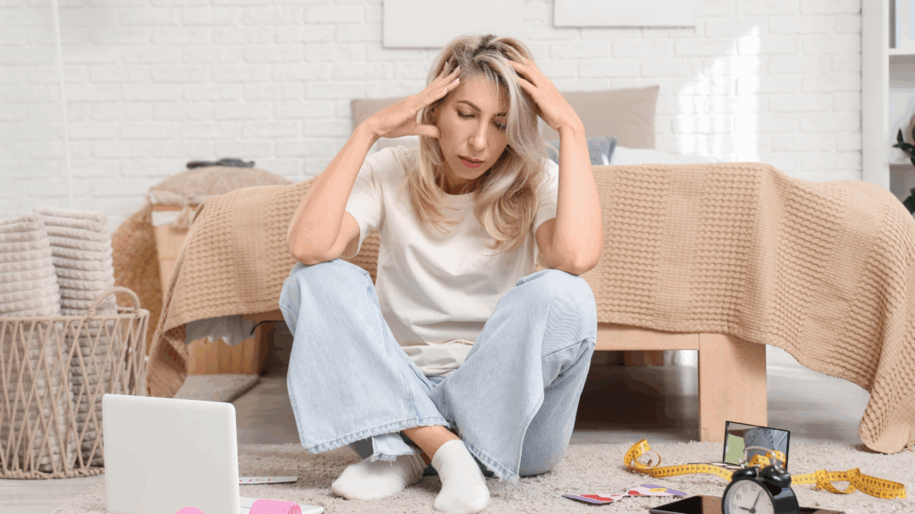Woman in perimenopause reviewing hormone health lab results at home