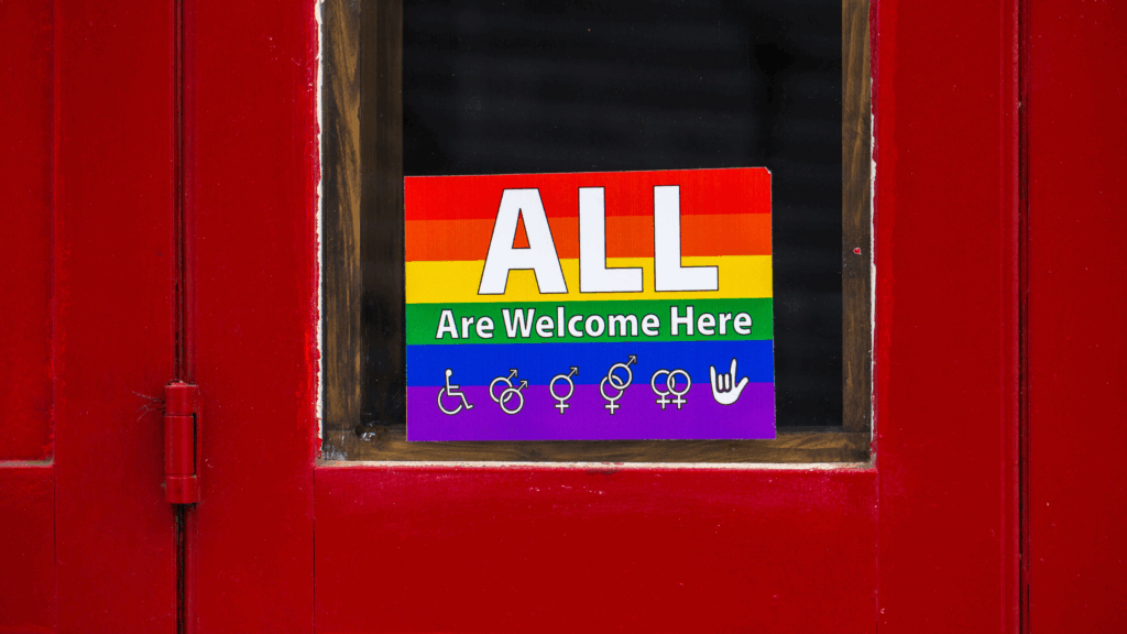 Medical office offering affirming care with inclusive signage for LGBTQ+ patients